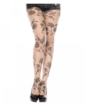 Beige Strumpfhose mit schwarzen Rosen
