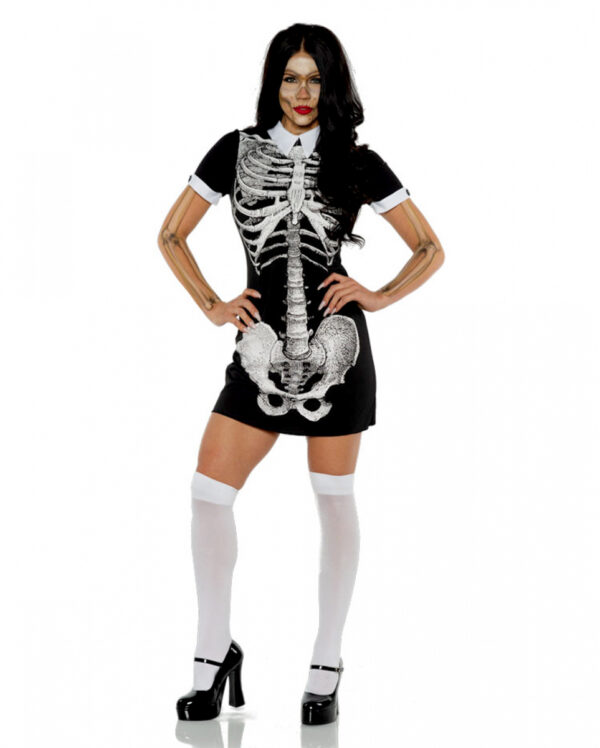 Kurzärmliges Skelett Minikleid mit Kragen L