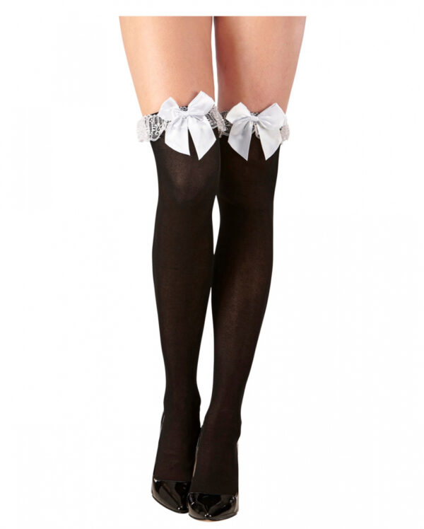 Schwarze Nylons mit weißer Spitze und Schleife