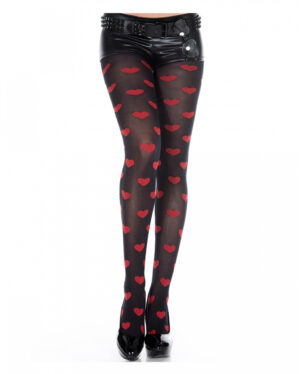 Schwarze Strumpfhose mit roten Herzen