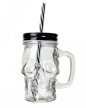 Totenschädel Trinkglas mit Deckel & Strohhalm