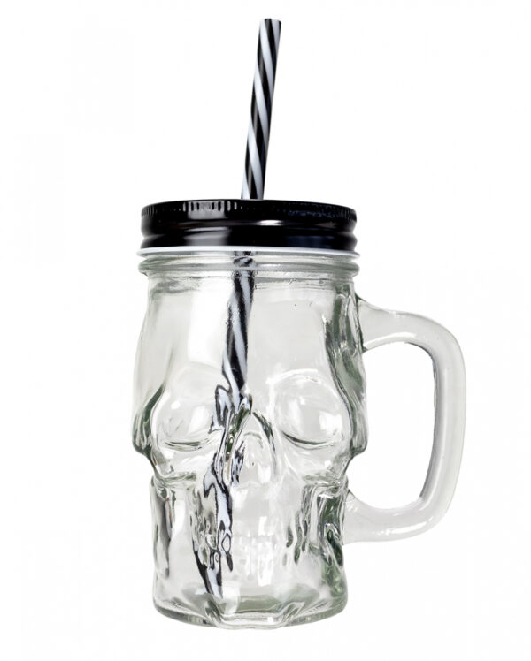 Totenschädel Trinkglas mit Deckel & Strohhalm