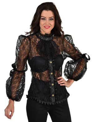 Bluse Gothic mit Spitzenärmeln Unifarben Damen schwarz S/M