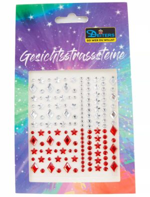 Gesichtsstrasssteine Sterne und Rauten rot/silber Schminke für Karneval & Fasching