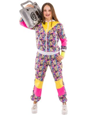 Jogging Anzug 90er Dreiecke 2 tlg. Print pink/gelb L