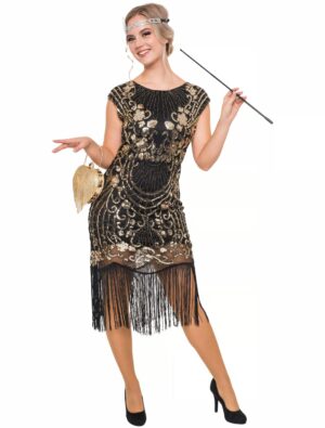 Kleid Charleston Damen schwarz/gold XS