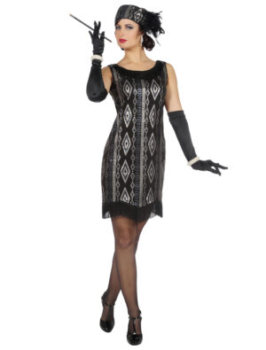 Kleid Charleston mit Fransen 2-tlg. schwarz/silber 42