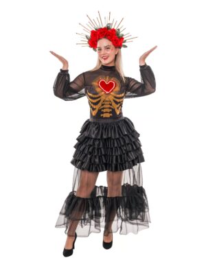 Kleid Dia de los Muertos mit Herz Damen schwarz S/M