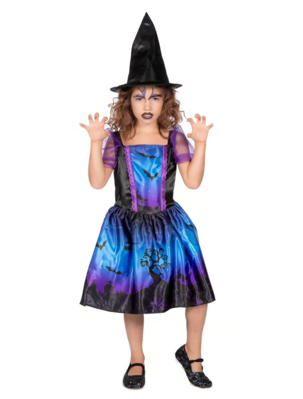 Kleid Hexe mit Fledermäusen Kinder schwarz/blau 152