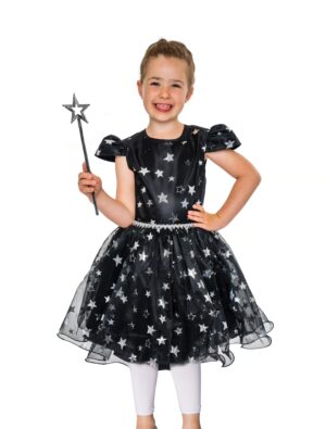 Kleid Hexe mit Sternen silber Mädchen schwarz 140
