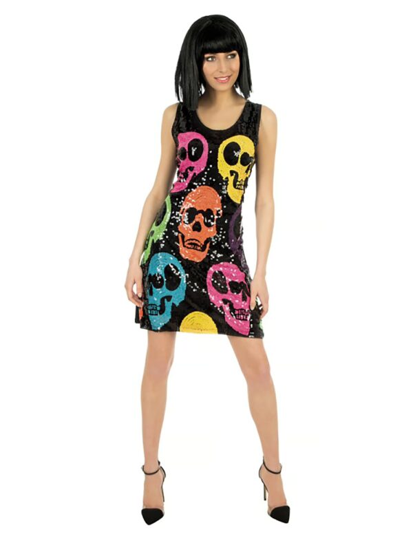 Kleid Pailletten mit Totenköpfen Damen bunt M Farbe: bunt