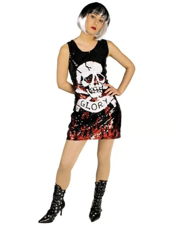 Kleid Pailletten mit Totenkopf Damen schwarz/weiß/rot 34