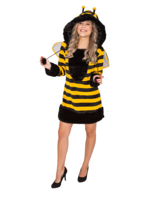 Kleid Plüsch Biene mit Kapuze Damen schwarz/gelb 34-36