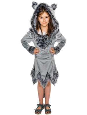 Kleid Plüsch Wolf Kinder grau 134-140