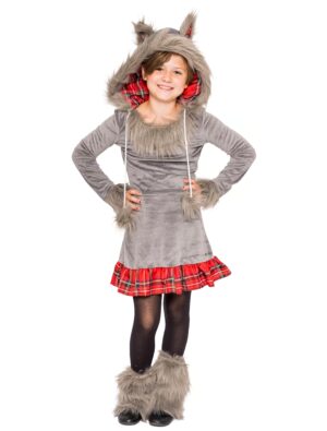Kleid Plüsch Wolf Kinder rot/grau 140
