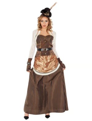 Kleid Steampunk lang 3-tlg. Damen beige/braun L