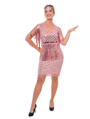 Kleid mit Perlen und Paillettenfransen rosa S/M