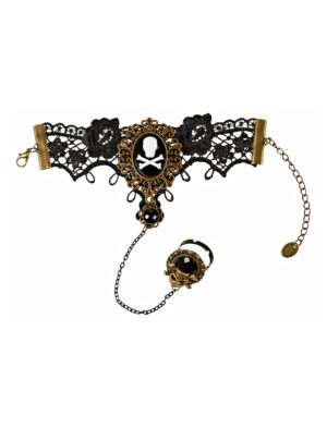 Kostümzubehör Armband Spitze Totenkopf mit Ring Farbe: schwarz