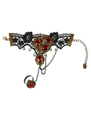 Kostümzubehör Armband Spitze rote Kristalle mit Ring