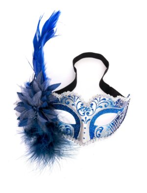 Kostümzubehör Augenmaske mit Blume und Feder blau/silber