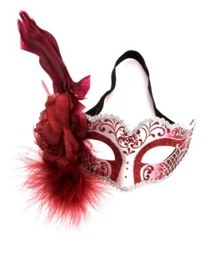 Kostümzubehör Augenmaske rot/silber mit Blume und Feder