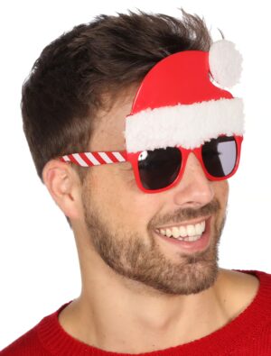 Kostümzubehör Brille Weihnachtsmütze weiß/rot