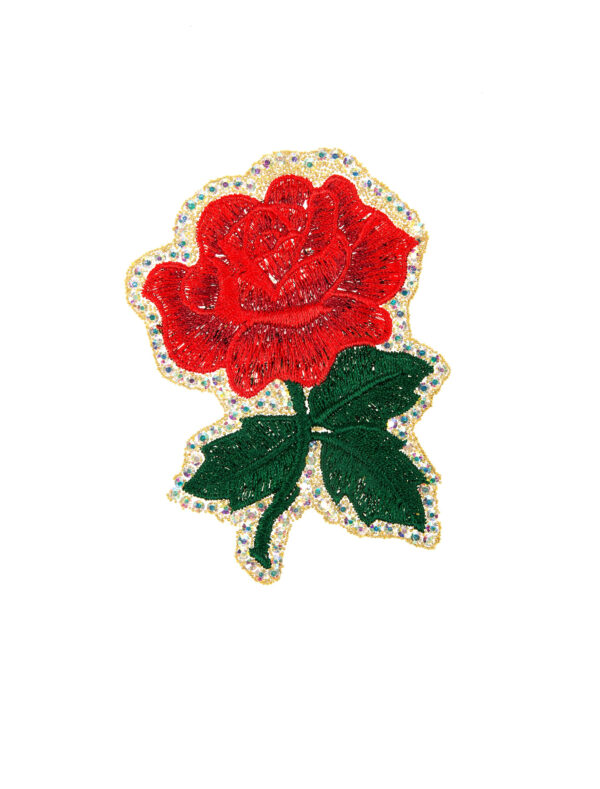 Kostümzubehör Bügelpatch Rose mit Strasssteinen Farbe: rot