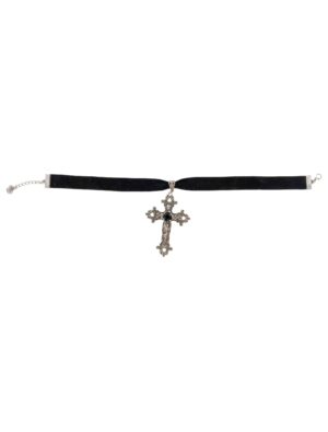 Kostümzubehör Choker Samt mit Kreuz Damen schwarz/silber