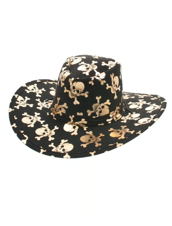 Kostümzubehör Cowboyhut Totenköpfe Farbe: schwarz/gold