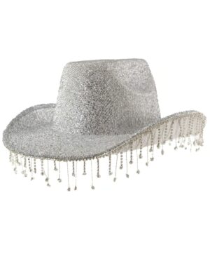 Kostümzubehör Cowboyhut mit Strassfransen silber 58