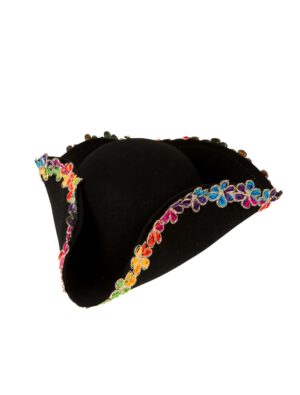 Kostümzubehör Dreispitz Wollfilz mit Flower Power Borte schwarz 59