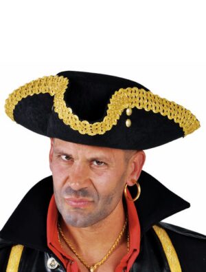 Kostümzubehör Dreispitz mit goldener Borte schwarz/gold S/M