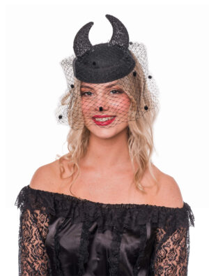 Kostümzubehör Fascinator mit Schleier und Hörnern schwarz