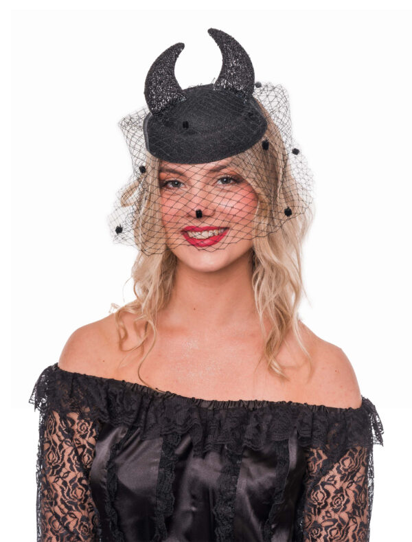Kostümzubehör Fascinator mit Schleier und Hörnern schwarz