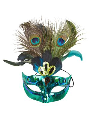 Kostümzubehör Federmaske mit Pfauenfedern grün