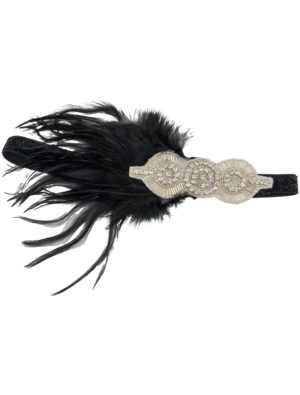 Kostümzubehör Haarband Charleston mit Feder schwarz/silber