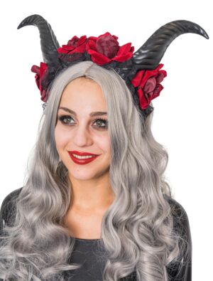 Kostümzubehör Haarreif Blumen rot und Hörner Damen schwarz/rot