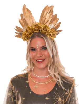 Kostümzubehör Haarreif Federn und Rosen gold