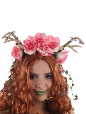 Kostümzubehör Haarreif Geweih mit Blumen grün/rosa