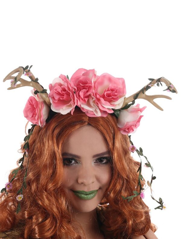 Kostümzubehör Haarreif Geweih mit Blumen grün/rosa