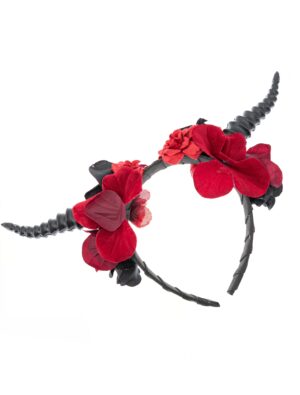 Kostümzubehör Haarreif Hörner schwarz mit Blumen rot/schwarz