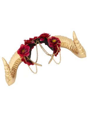 Kostümzubehör Haarreif Hörner und Ketten gold mit Blumen rot