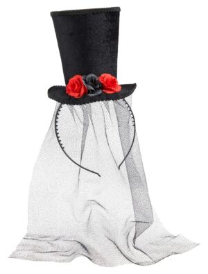Kostümzubehör Haarreif Mini Zylinder mit roten Blumen schwarz