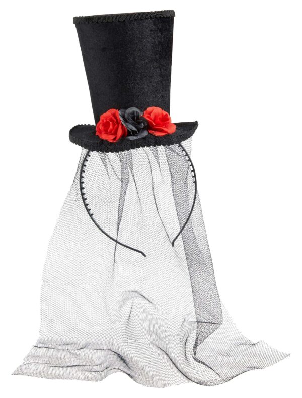 Kostümzubehör Haarreif Mini Zylinder mit roten Blumen schwarz