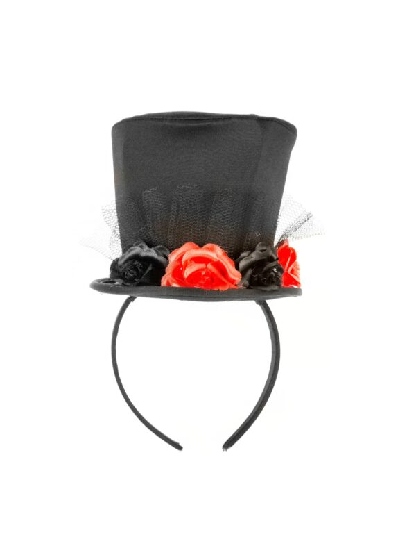 Kostümzubehör Haarreif Mini Zylinder schwarz mit roten Rosen