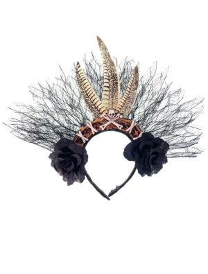 Kostümzubehör Haarreif Schädel und Knochen mit Tüll Farbe: schwarz/gold