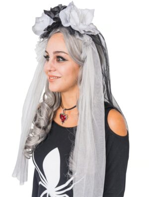 Kostümzubehör Haarreif Tüll mit Blumen Damen schwarz/schwarz