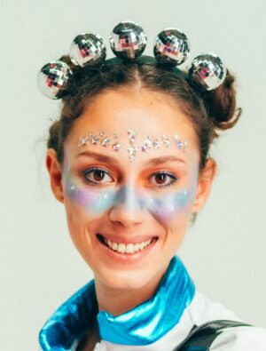 Kostümzubehör Haarreif mit 5 Discokugeln Metallic silber