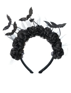 Kostümzubehör Haarreif mit Blumen und Fledermäusen schwarz