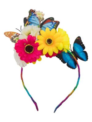 Kostümzubehör Haarreif mit Blumen und Schmetterlingen bunt Farbe: bunt